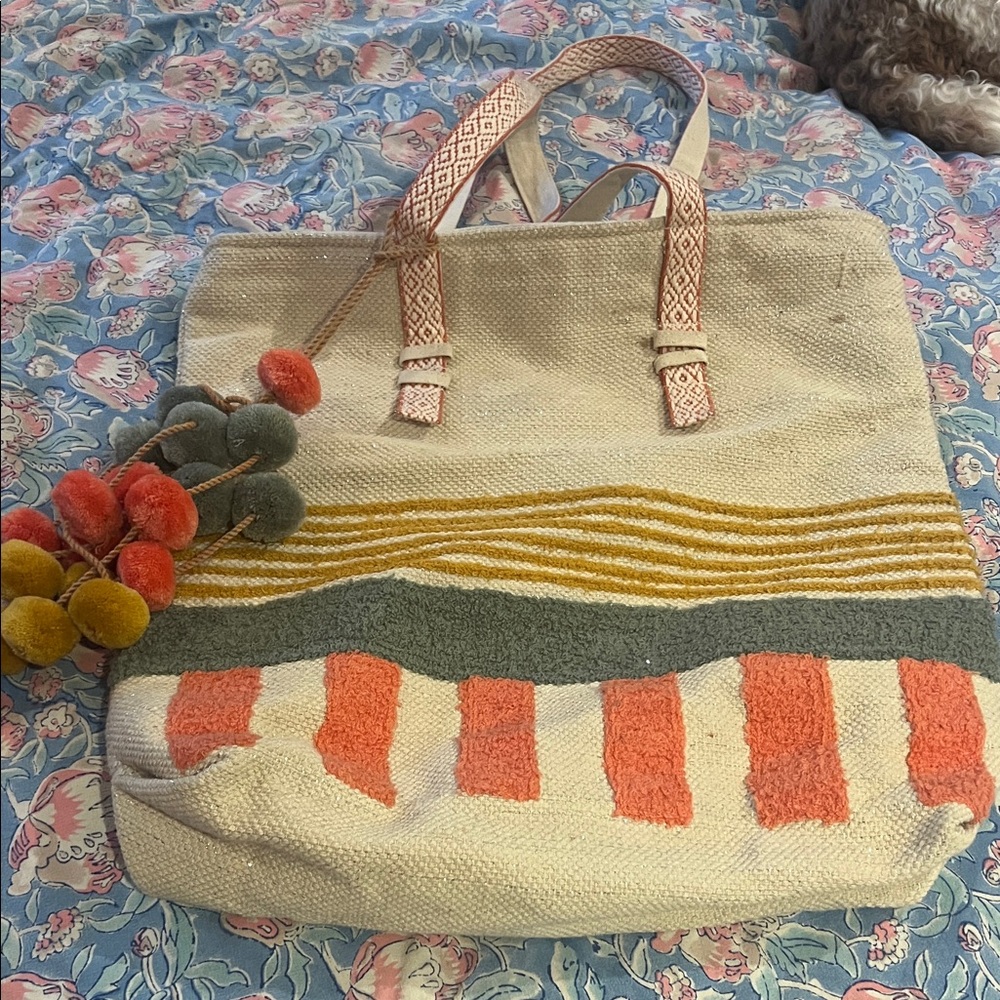 Chic Cream and Coral Striped Tote Bag. Beach bag